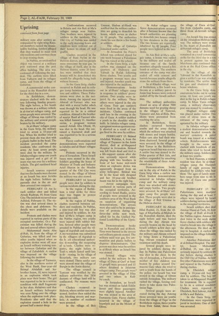 Issue 457 of al-Fajr Newspaper, 20 February 1989