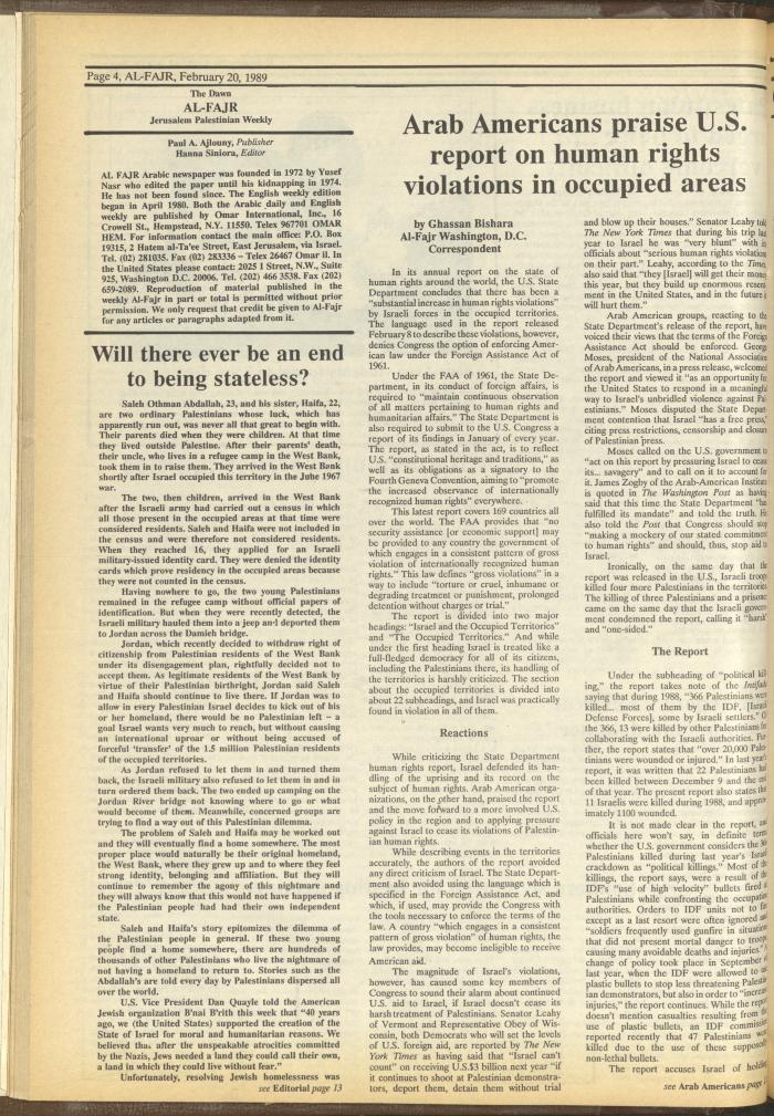 Issue 457 of al-Fajr Newspaper, 20 February 1989