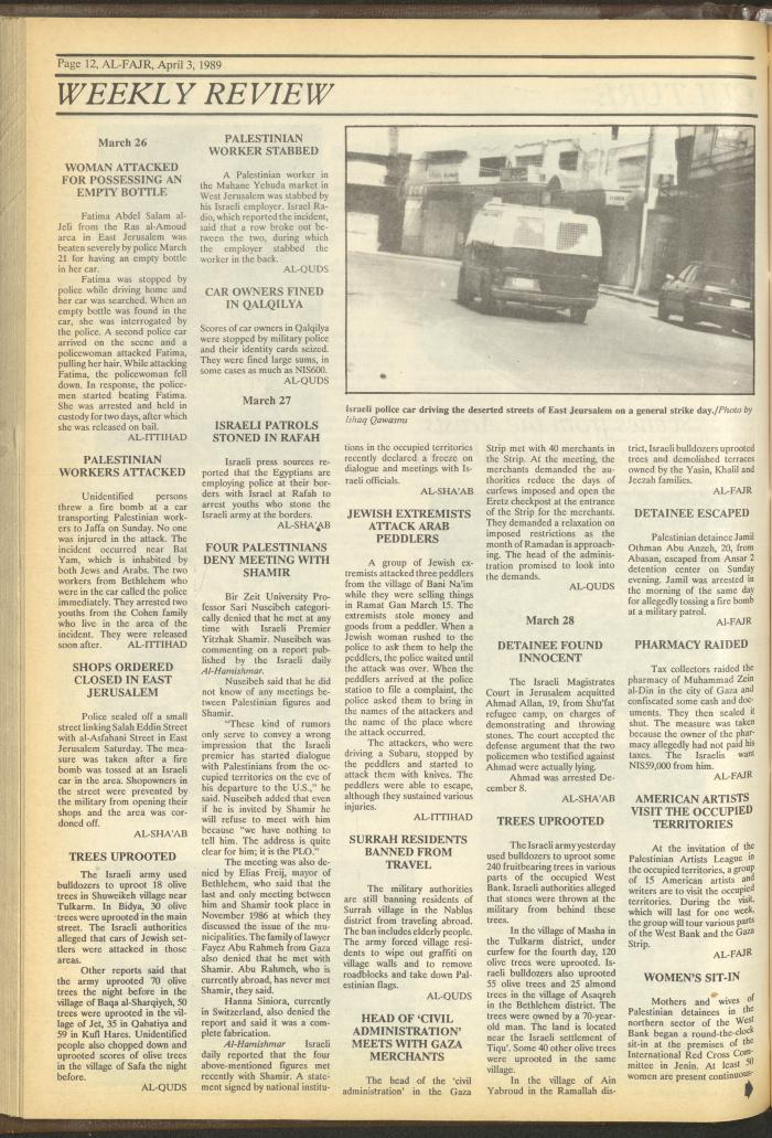 Issue 463 of al-Fajr Newspaper, 3 April 1989