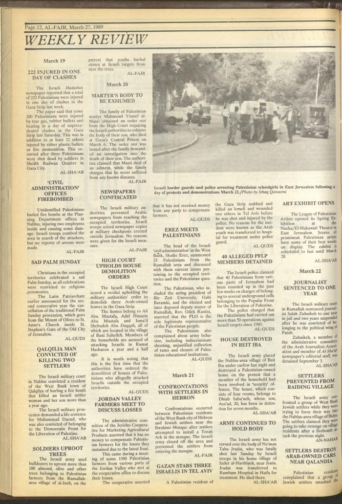Issue 462 of al-Fajr Newspaper, 27 March 1989