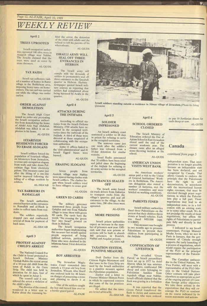 Issue 464 of al-Fajr Newspaper, 10 April 1989