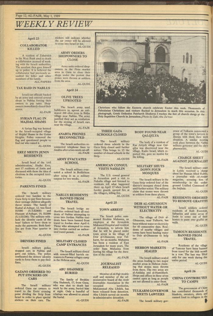 Issue 467 of al-Fajr Newspaper, 1 May 1989