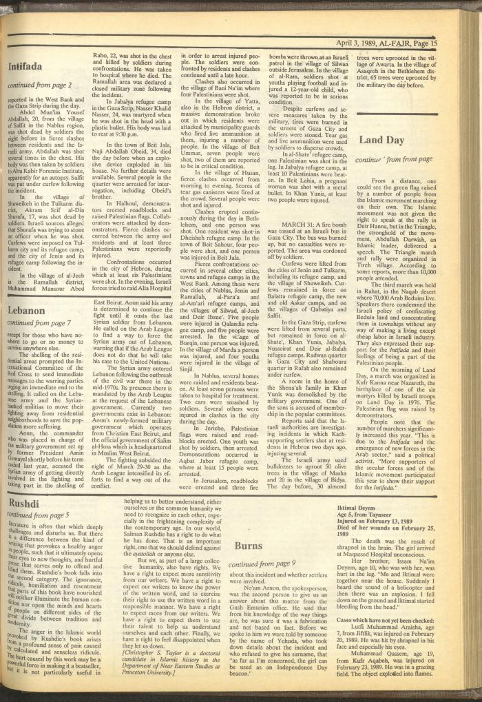 Issue 463 of al-Fajr Newspaper, 3 April 1989