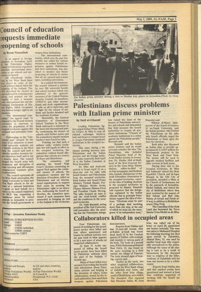 Issue 467 of al-Fajr Newspaper, 1 May 1989