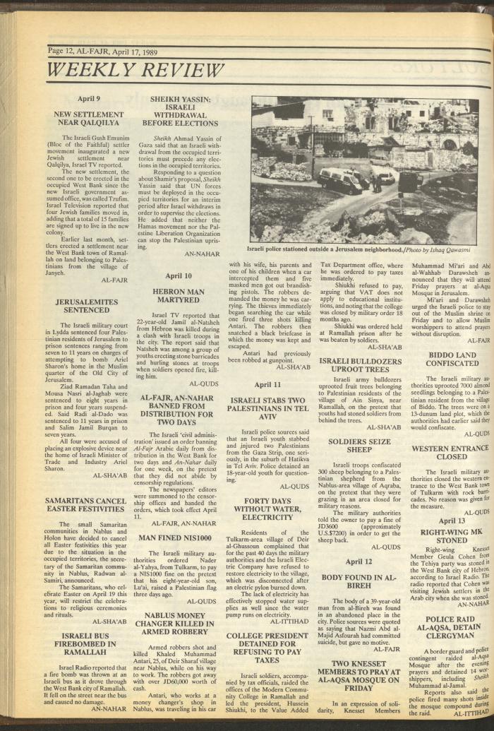 Issue 465 of al-Fajr Newspaper, 17 April 1989