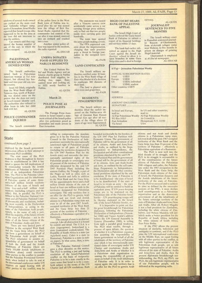 Issue 462 of al-Fajr Newspaper, 27 March 1989