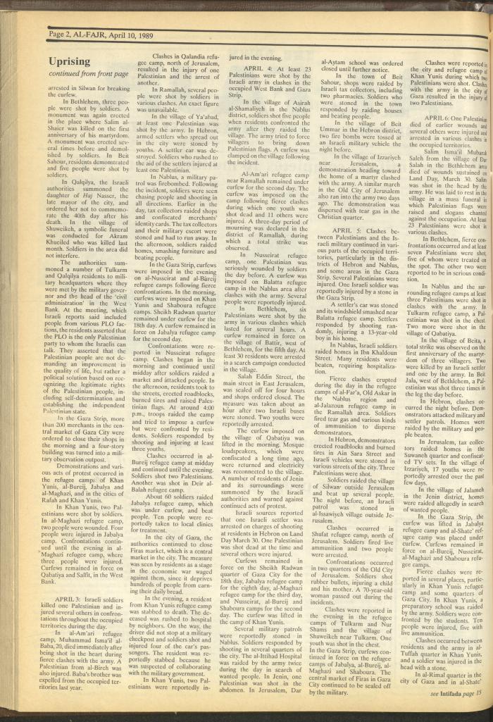Issue 464 of al-Fajr Newspaper, 10 April 1989