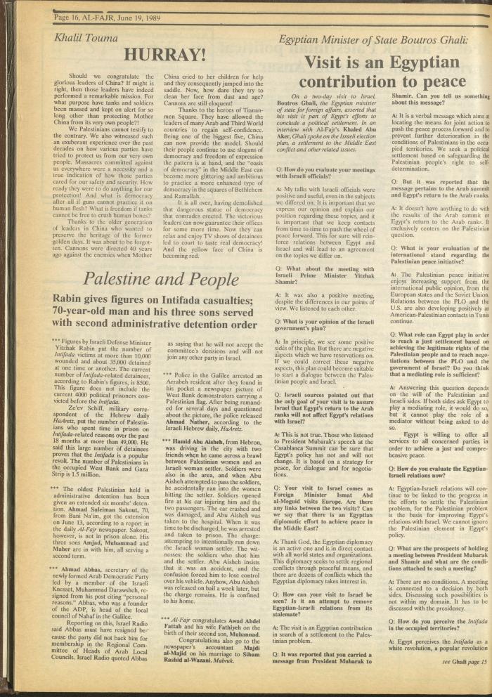 Issue 474 of al-Fajr Newspaper, 19 June 1989