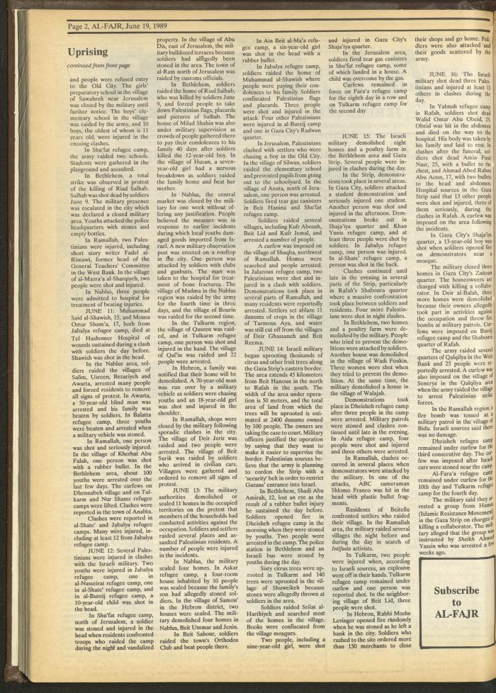 Issue 474 of al-Fajr Newspaper, 19 June 1989