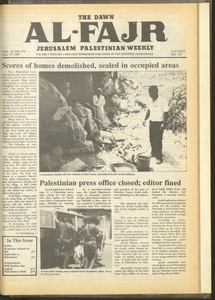 Issue 474 of al-Fajr Newspaper, 19 June 1989