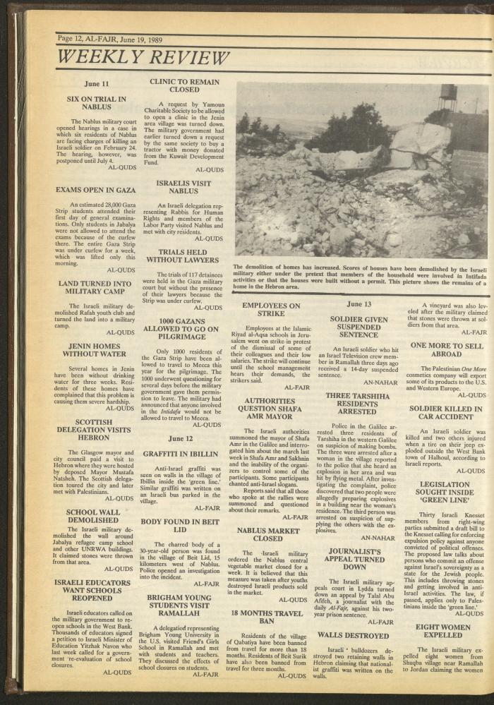 Issue 474 of al-Fajr Newspaper, 19 June 1989