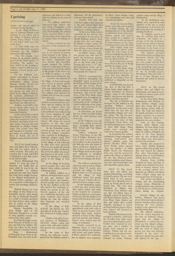 Issue 478 of al-Fajr Newspaper, 17 July 1989