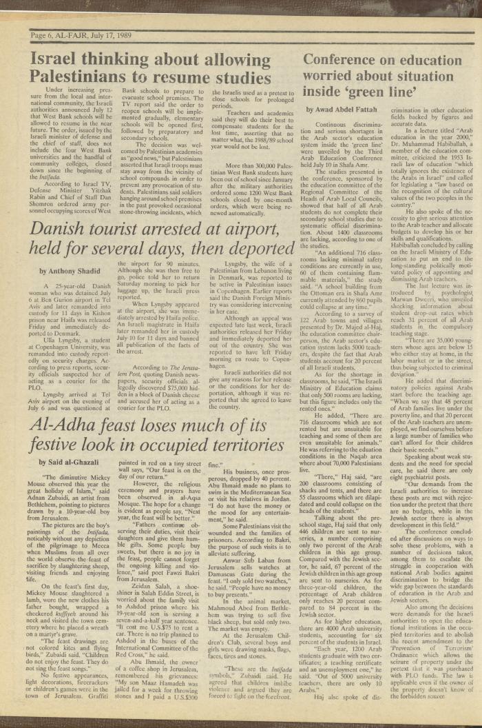 Issue 478 of al-Fajr Newspaper, 17 July 1989