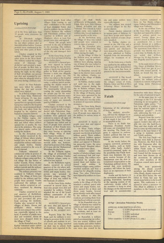 Issue 481 of al-Fajr Newspaper, 7 August 1989