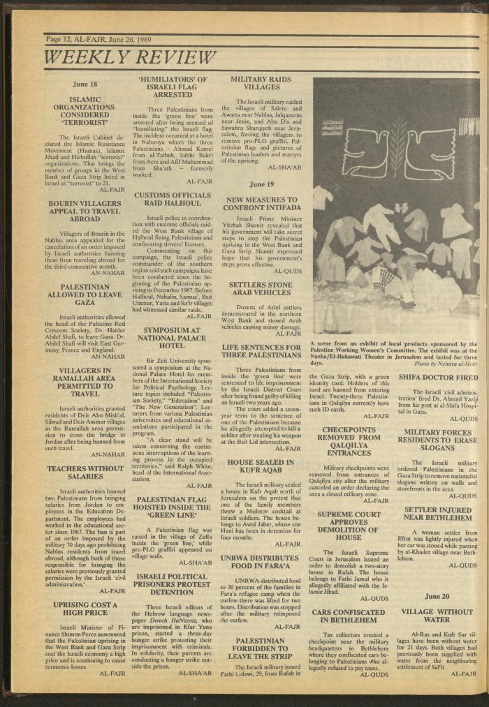 Issue 475 of al-Fajr Newspaper, 26 June 1989