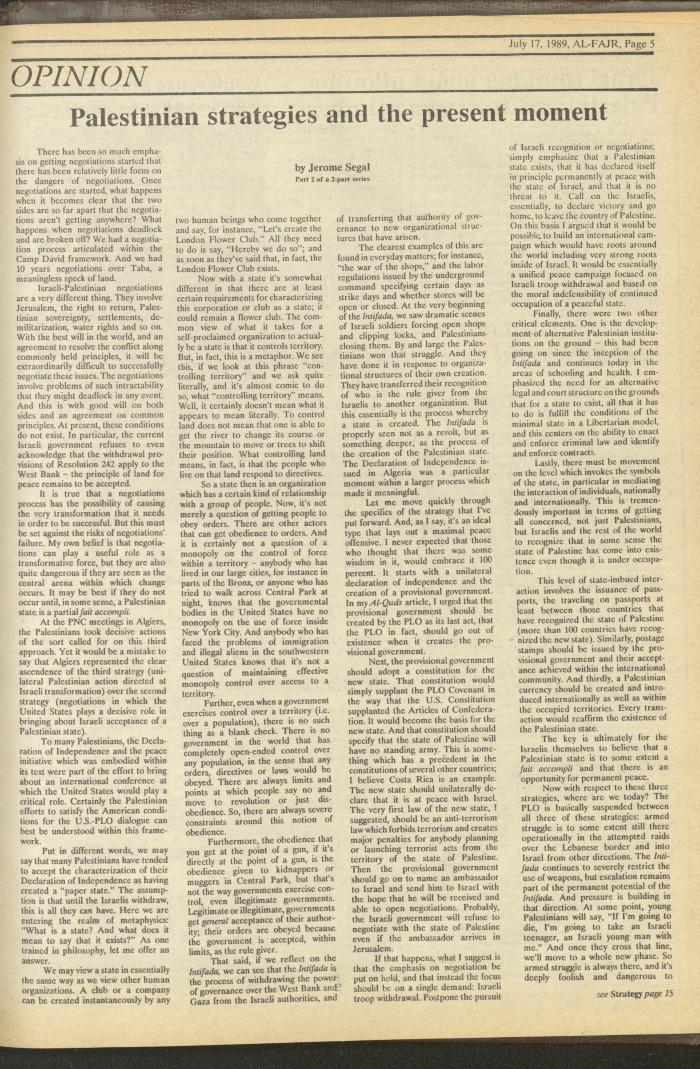 Issue 478 of al-Fajr Newspaper, 17 July 1989