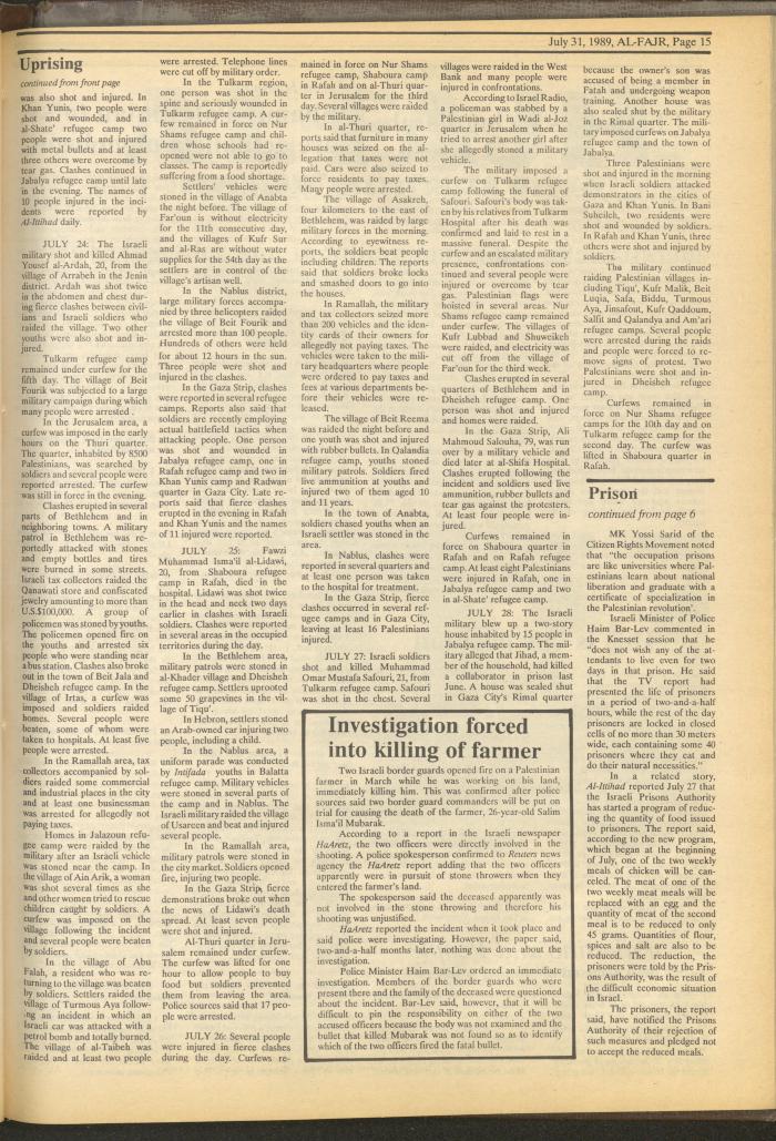 Issue 480 of al-Fajr Newspaper, 31 July 1989