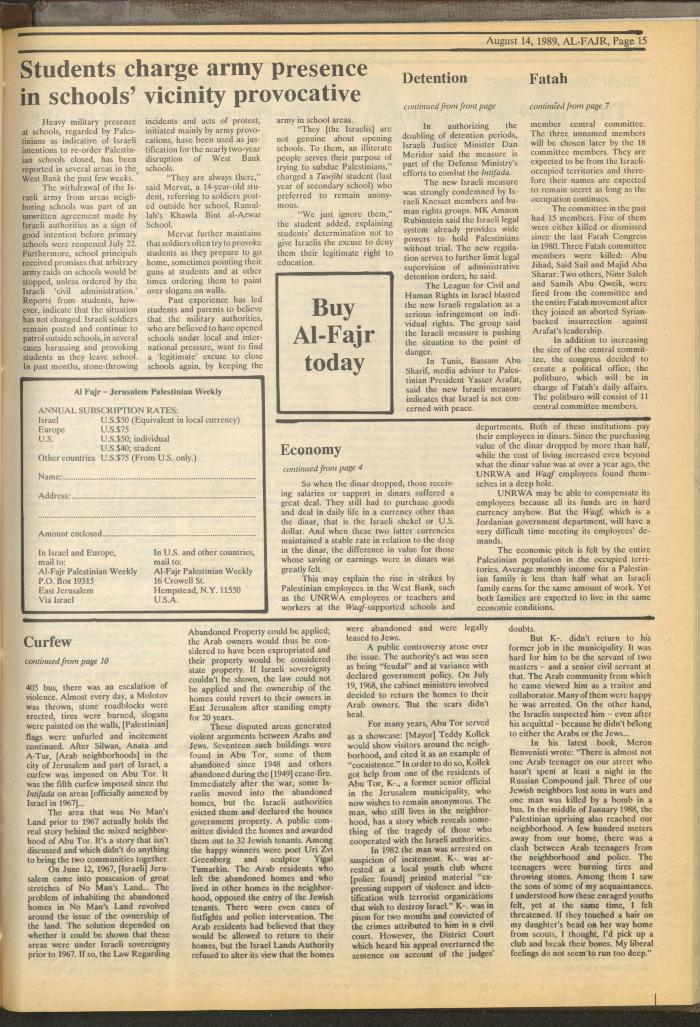 Issue 482 of al-Fajr Newspaper, 14 August 1989