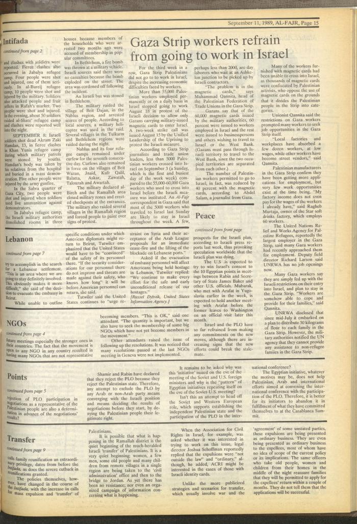 Issue 486 of al-Fajr Newspaper, 11 September 1989