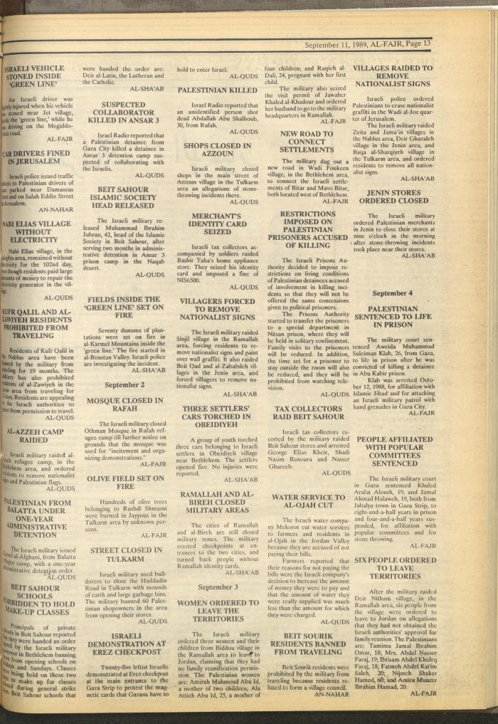 Issue 486 of al-Fajr Newspaper, 11 September 1989