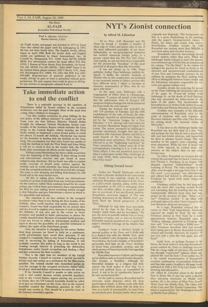 Issue 484 of al-Fajr Newspaper, 28 August 1989