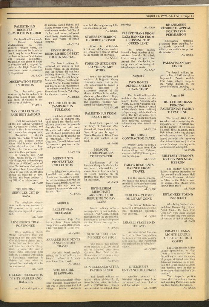 Issue 482 of al-Fajr Newspaper, 14 August 1989