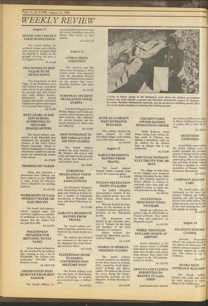 Issue 483 of al-Fajr Newspaper, 21 August 1989