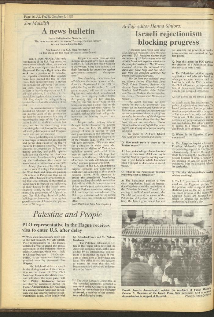 Issue 490 of al-Fajr Newspaper, 9 October 1989