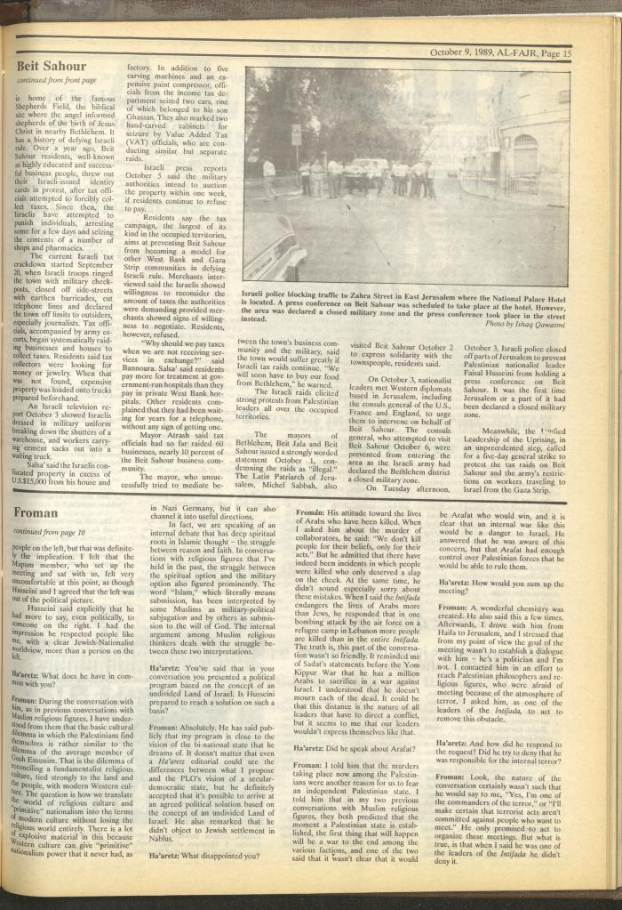 Issue 490 of al-Fajr Newspaper, 9 October 1989