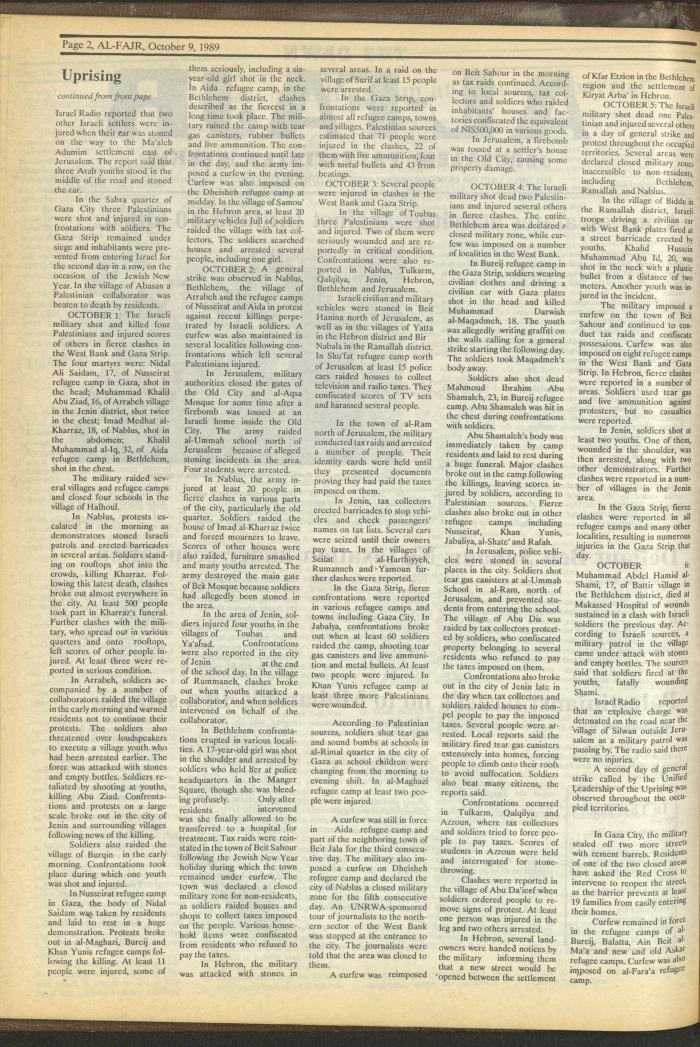 Issue 490 of al-Fajr Newspaper, 9 October 1989