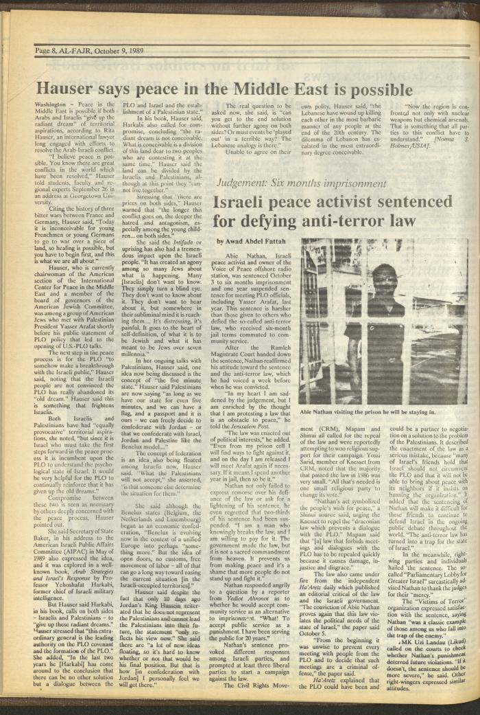 Issue 490 of al-Fajr Newspaper, 9 October 1989