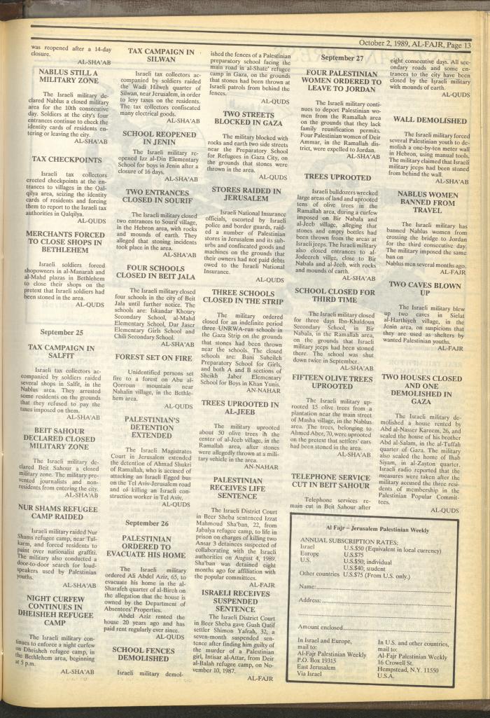 Issue 489 of al-Fajr Newspaper, 2 October 1989