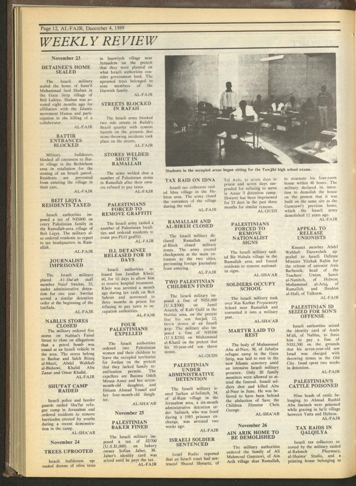 Issue 498 of al-Fajr Newspaper, 4 December 1989