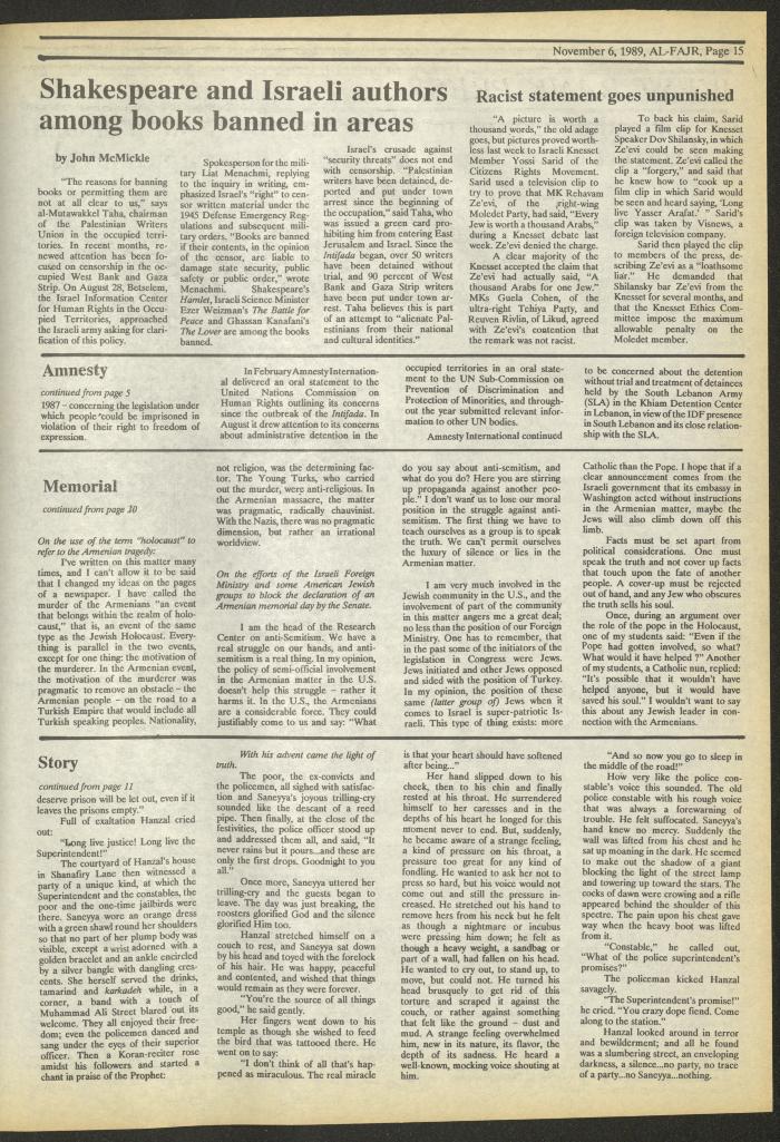 Issue 494 of al-Fajr Newspaper, 6 November 1989