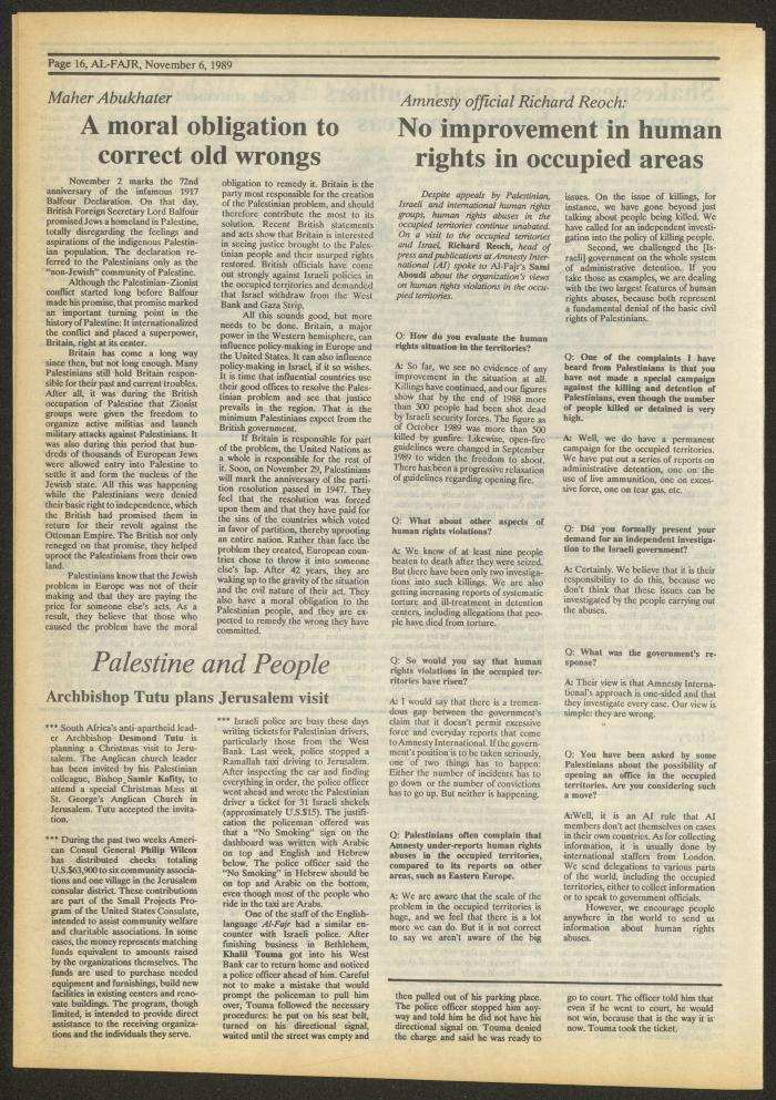 Issue 494 of al-Fajr Newspaper, 6 November 1989