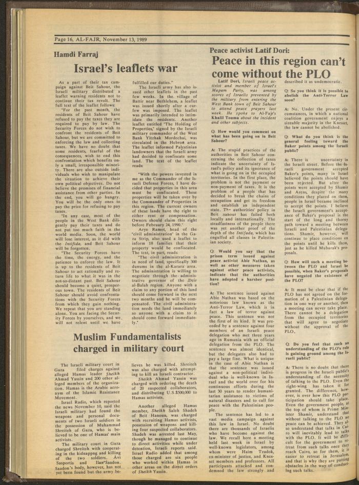 Issue 495 of al-Fajr Newspaper, 13 November 1989
