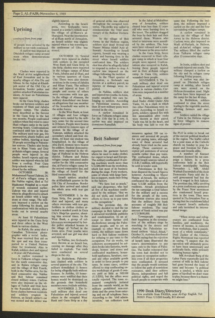 Issue 494 of al-Fajr Newspaper, 6 November 1989