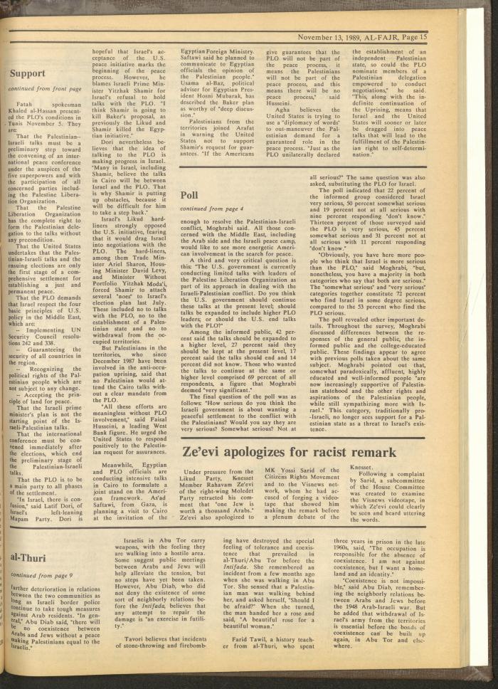 Issue 495 of al-Fajr Newspaper, 13 November 1989