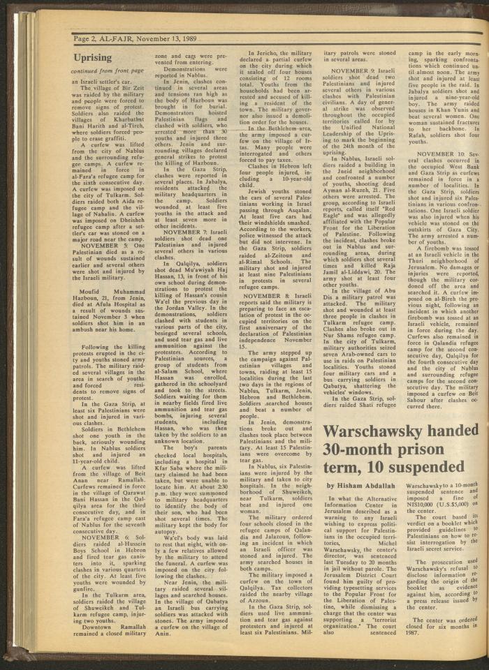 Issue 495 of al-Fajr Newspaper, 13 November 1989