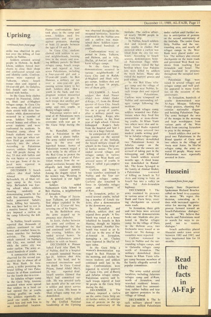 Issue 499 of al-Fajr Newspaper, 11 December 1989