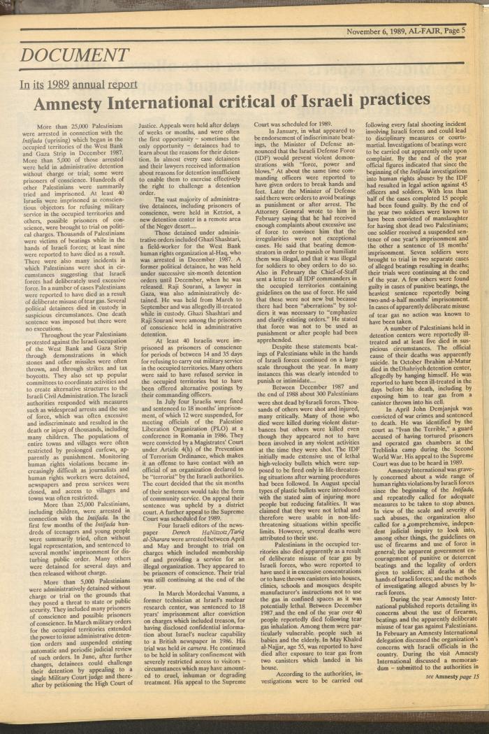 Issue 494 of al-Fajr Newspaper, 6 November 1989