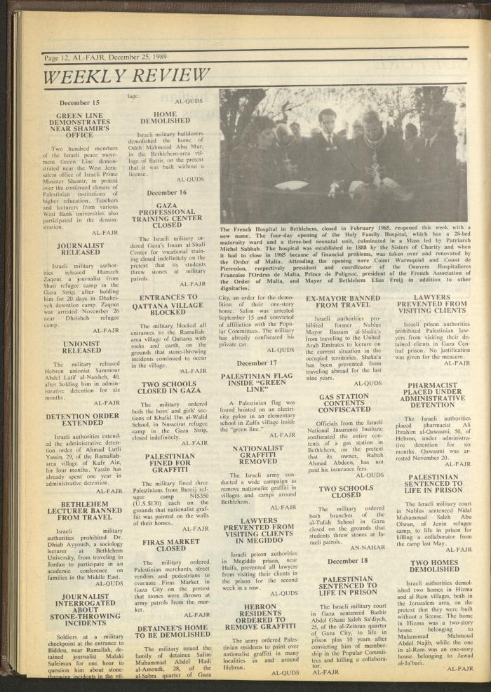 Issue 501 of al-Fajr Newspaper, 25 December 1989