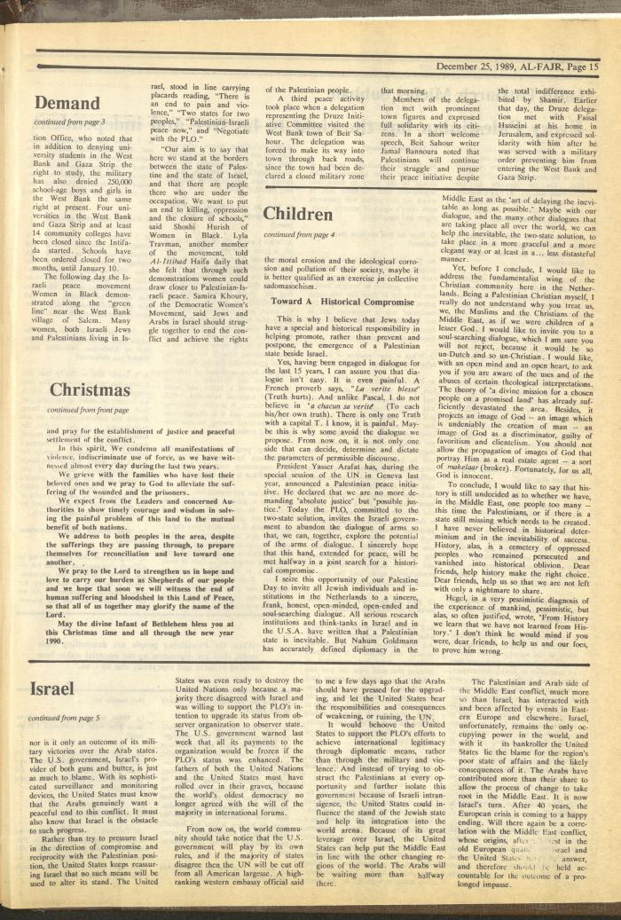 Issue 501 of al-Fajr Newspaper, 25 December 1989