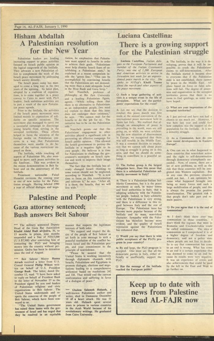 العدد 502 من جريدة الفجر، 1 كانون الثاني 1990