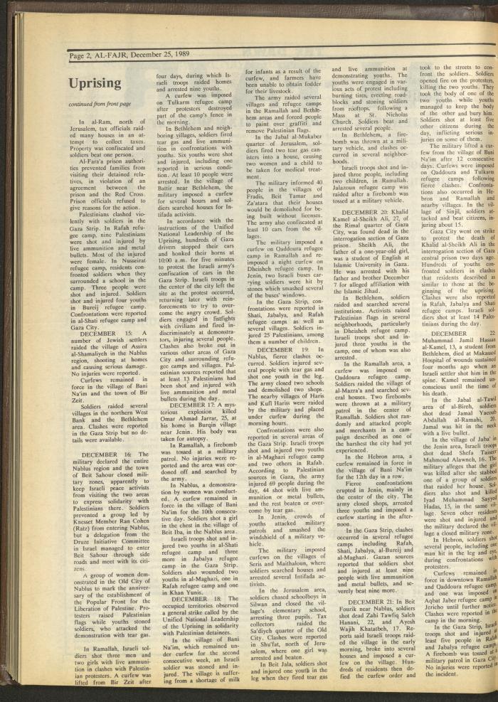 Issue 501 of al-Fajr Newspaper, 25 December 1989