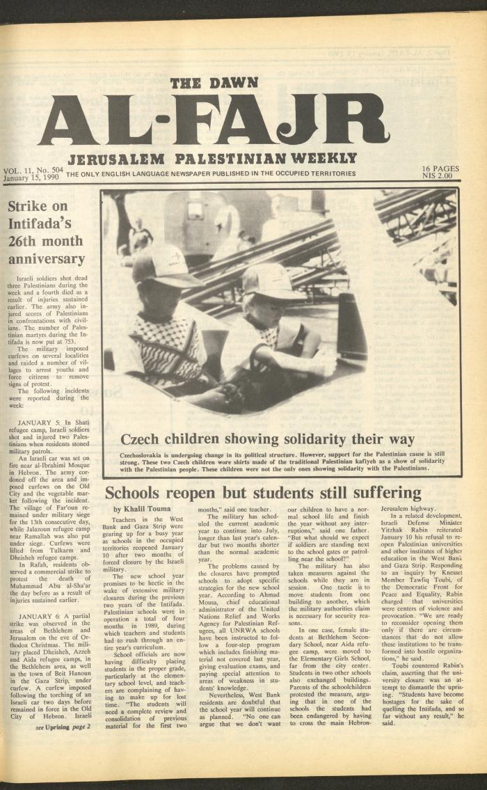 العدد 504 من جريدة الفجر، 15 كانون الثاني 1990