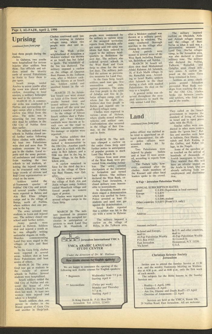 Issue 515 of al-Fajr Newspaper, 2 April 1990