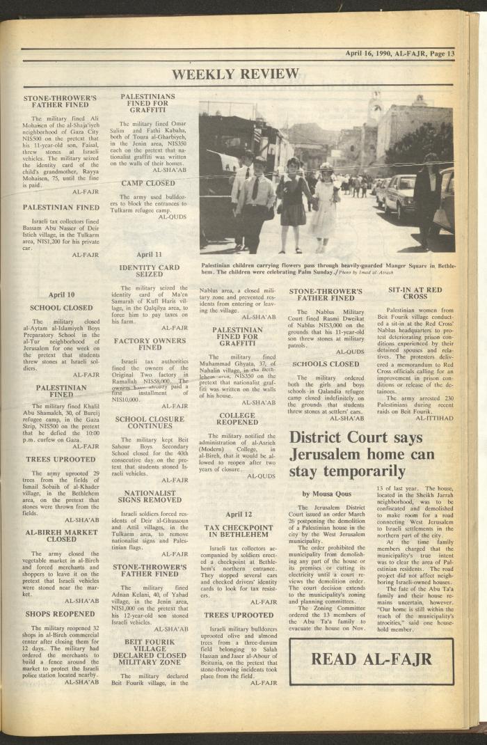 Issue 517 of al-Fajr Newspaper, 16 April 1990