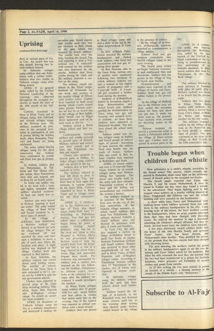 Issue 517 of al-Fajr Newspaper, 16 April 1990