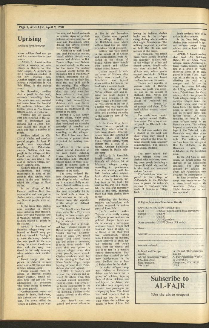 Issue 516 of al-Fajr Newspaper, 9 April 1990